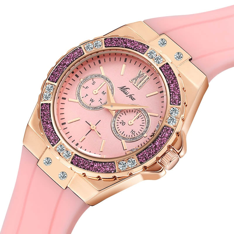 Elegant Ladies Diamond Quartz Wristwatch with Blue Rubber Band