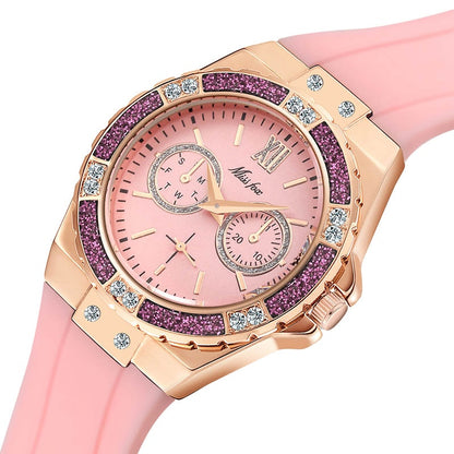 Elegant Ladies Diamond Quartz Wristwatch with Blue Rubber Band