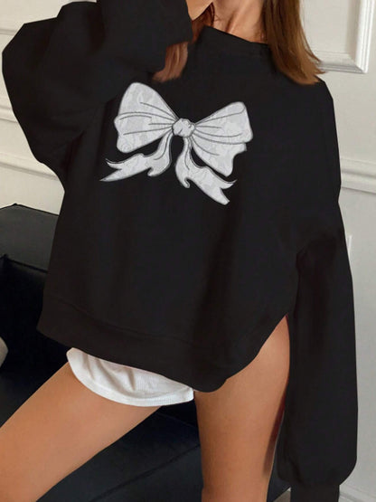 Elegant Bow Pattern Printed Crewneck Sweatshirt | Casual Women's Pullover Top