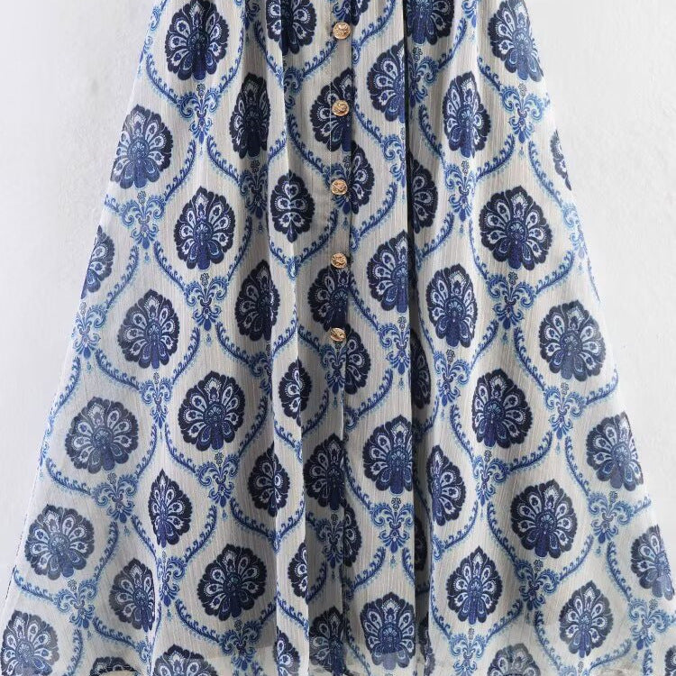 Elegant Printed Chiffon Maxi Dress - Loose Casual Strap Dress for Vacation