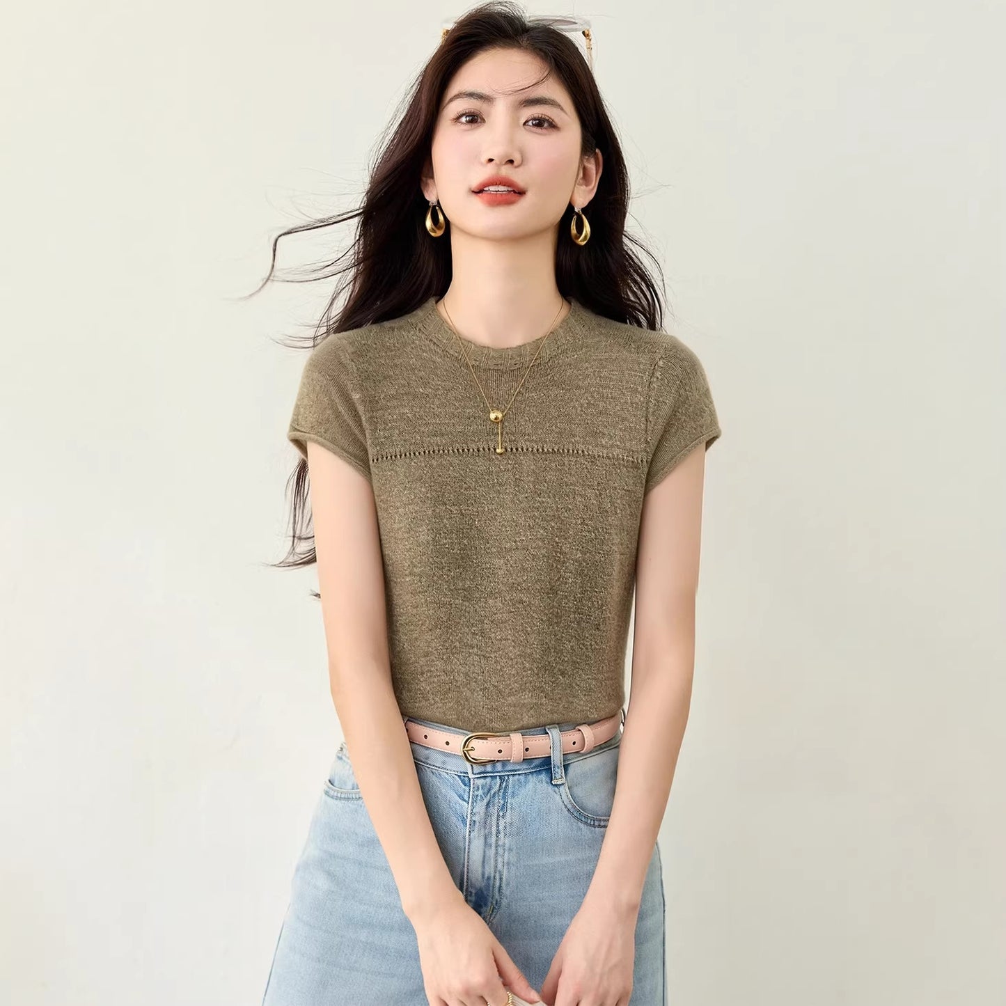 Lazy Style Minimalist Knitted Innerwear Top - Short Sleeve Tee for Women