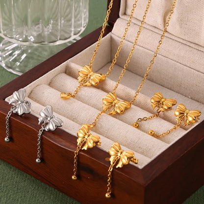 Gold Tone Bow & Heart Drop Lariat Necklace