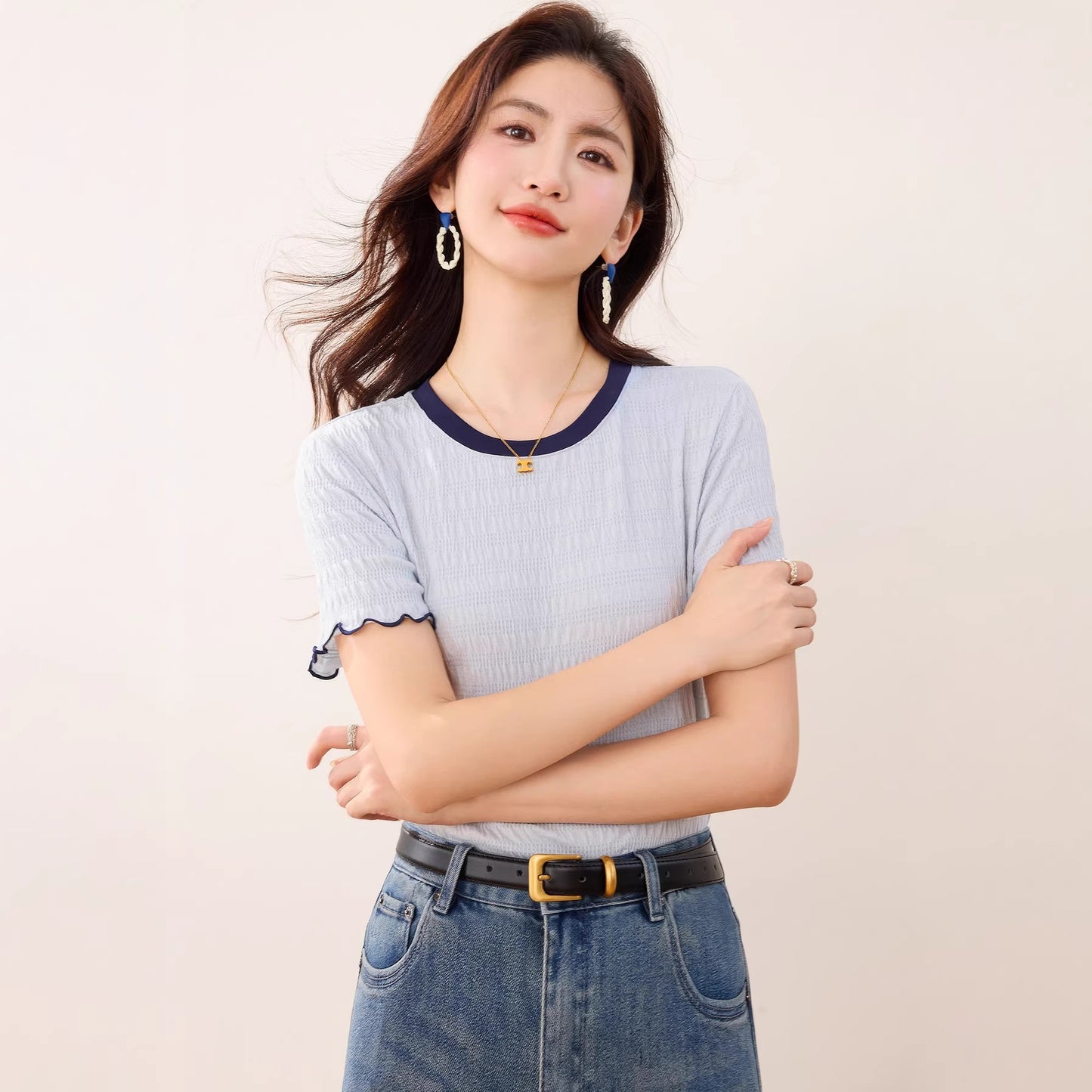 Women's Ruffled Color-Blocked Short Sleeve T-Shirt - Slim Fit Trendy Top