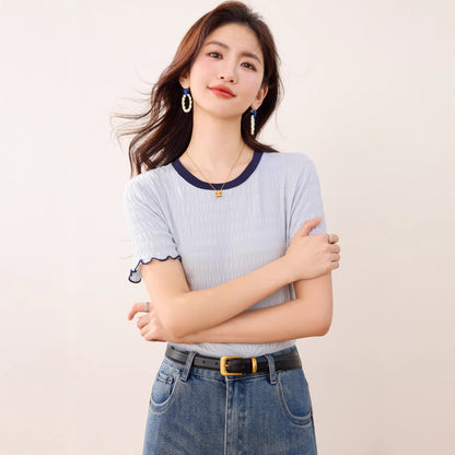 Women's Ruffled Color-Blocked Short Sleeve T-Shirt - Slim Fit Trendy Top