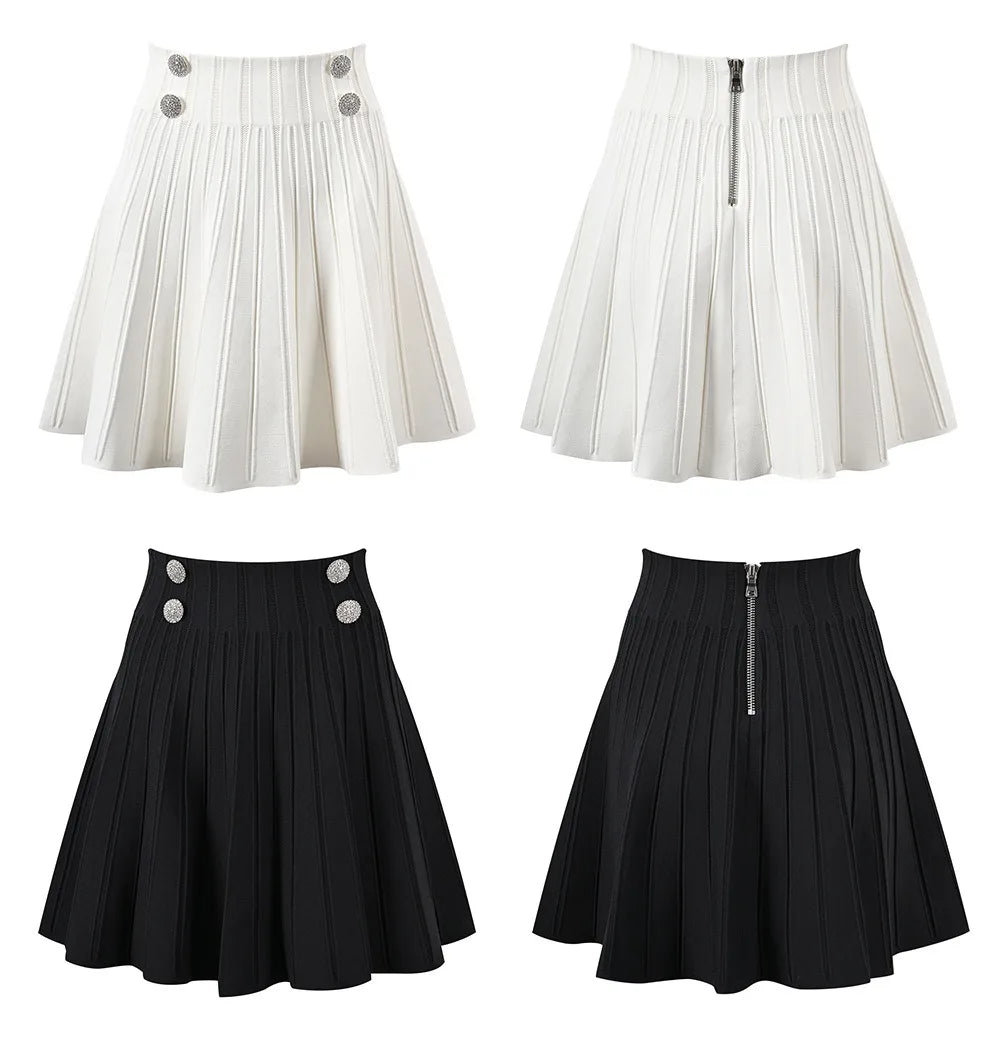Chic High-Waist Pleated Mini Skirt - Elegant A-Line Knit Tennis Skirt with Button Detail
