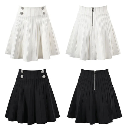 Chic High-Waist Pleated Mini Skirt - Elegant A-Line Knit Tennis Skirt with Button Detail