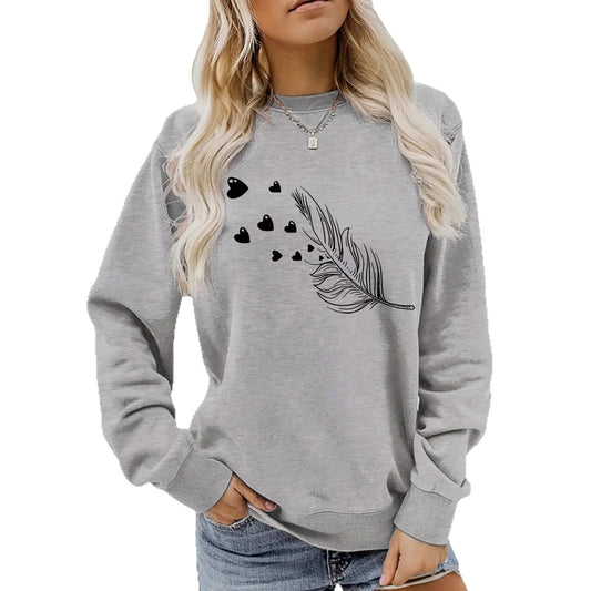 Feather & Heart Print Grey Sweatshirt | Cozy Long Sleeve Pullover for Women
