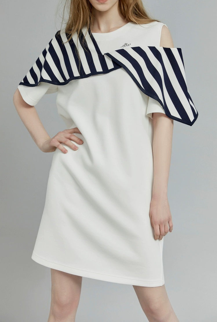 Chic Off-Shoulder Stripe Design White Commuting Dress - Elegant Minimalist Short Sleeve Niche Skirt for Women
