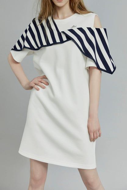 Chic Off-Shoulder Stripe Design White Commuting Dress - Elegant Minimalist Short Sleeve Niche Skirt for Women