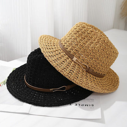 Ladies' Straw Fedora Sun Hat with Leather Band | Wide Brim Summer UV Protection