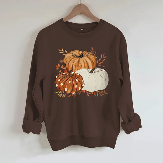 Three Pumpkin Pattern Printed Fall Sweatshirt | Thanksgiving Autumn Graphic Pullover