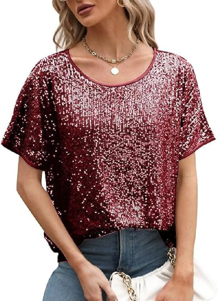 Sparkly Champagne Sequin Party Top - Glamorous Loose Fit Short Sleeve Evening Tee