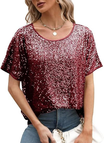 Sparkly Champagne Sequin Party Top - Glamorous Loose Fit Short Sleeve Evening Tee