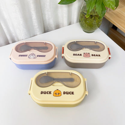 Cute Cartoon Stainless Steel Bento Box - 2-Compartment Insulated Kids Lunch Box with Spoon & Transparent Lid (Eco-Friendly)