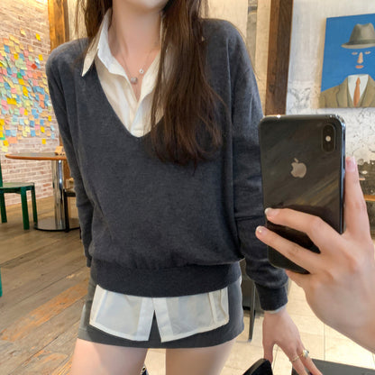 Trendy Gray V-Neck Long Sleeve Knit Top – Loose Lazy Style Elegant Slimming Sweater for Women