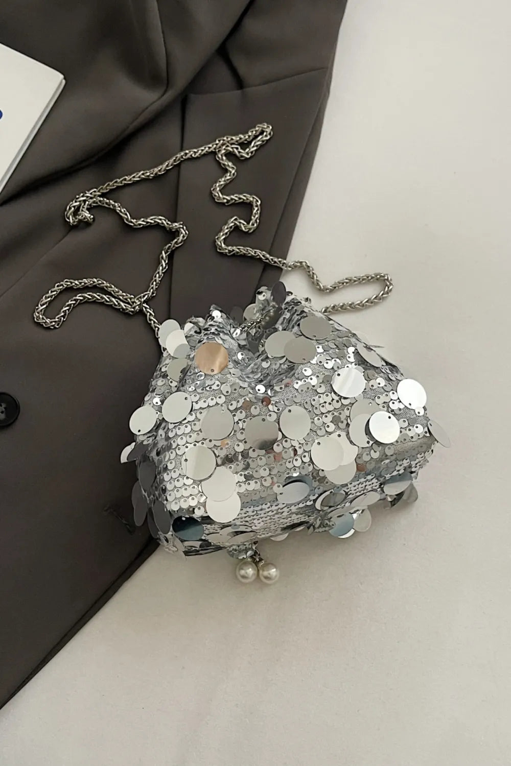 Shimmering Drawstring Sequin Pouch Crossbody Bag