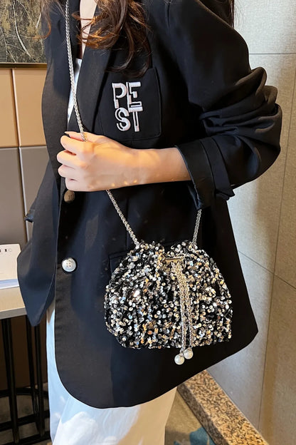 Sparkling Sequin Drawstring Bucket Bag with Chain Strap