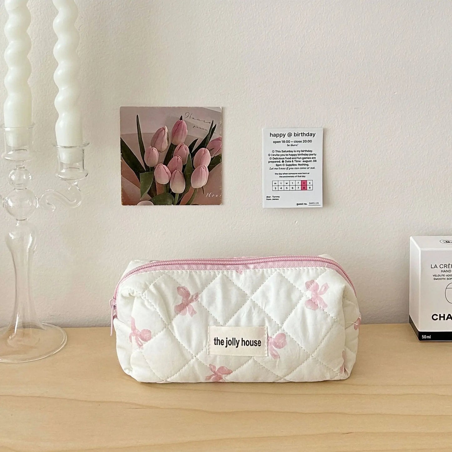 Cute Bow Flower Quilted Cotton Makeup Bag & Toiletry Case Set