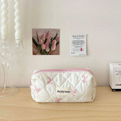 Cute Bow Flower Quilted Cotton Makeup Bag & Toiletry Case Set