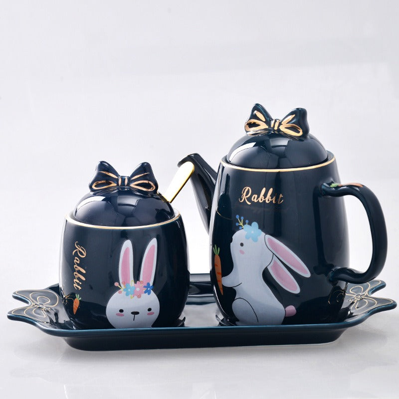 Cute Cartoon Rabbit Ceramic Spice Jar Set - 3 Pieces with Tray