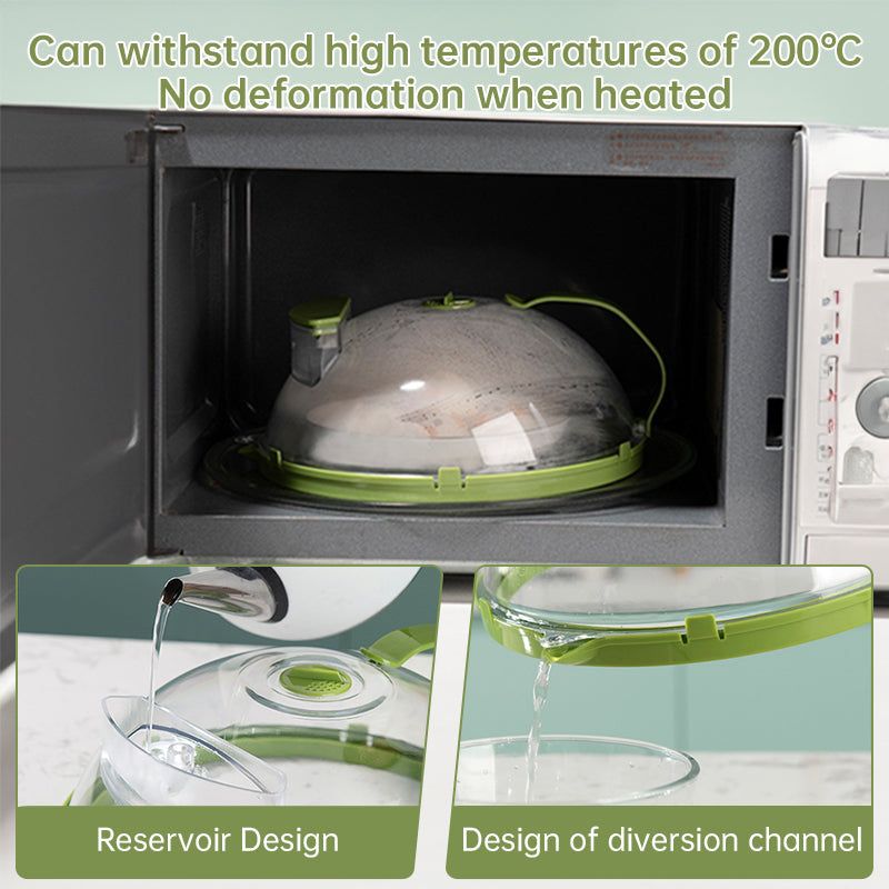 Anti-Splatter Microwave Food Cover with Steam Vent & Water Reservoir - 10 Inch Clear Heat-Resistant Plate Lid with Handle
