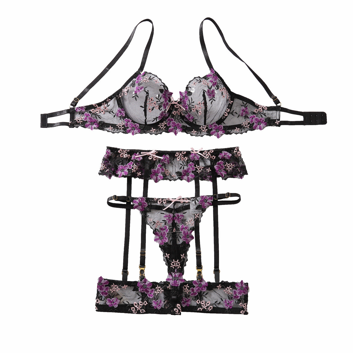 Purple Floral Lace Strappy Underwear Lingerie Set