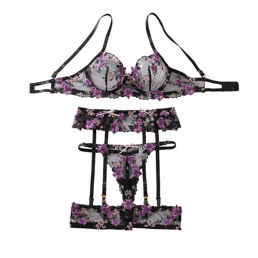 Purple Floral Lace Strappy Underwear Lingerie Set