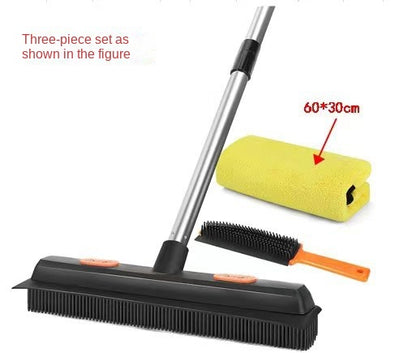 Multi-Surface Rubber Bristle Sweeper with Long Handle | Pet Fur Cleaning Tool