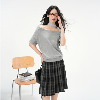 Elegant Loose Fit Off-the-Shoulder Top with Neck Strap for Women