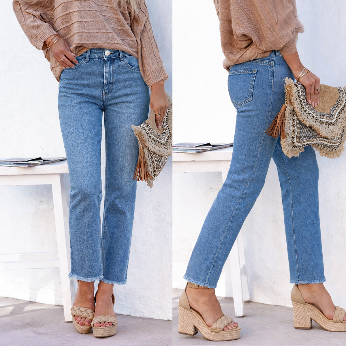 Women's High Waisted White Straight Leg Jeans - Ankle-Length Raw Hem Denim Pants