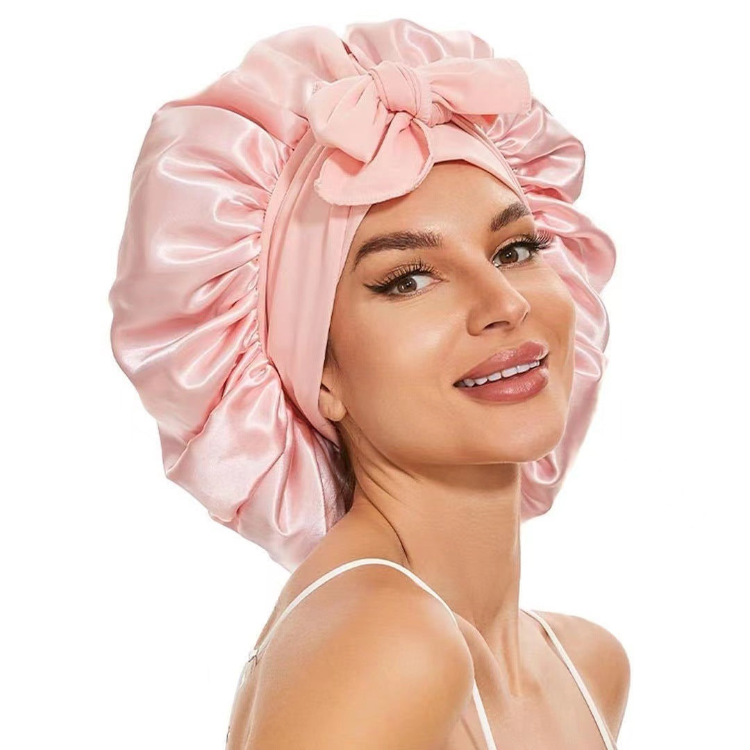 Wide-Brimmed Satin Bonnets with Elastic Ribbon Bow | Solid Color Hairdressing Sleep Cap