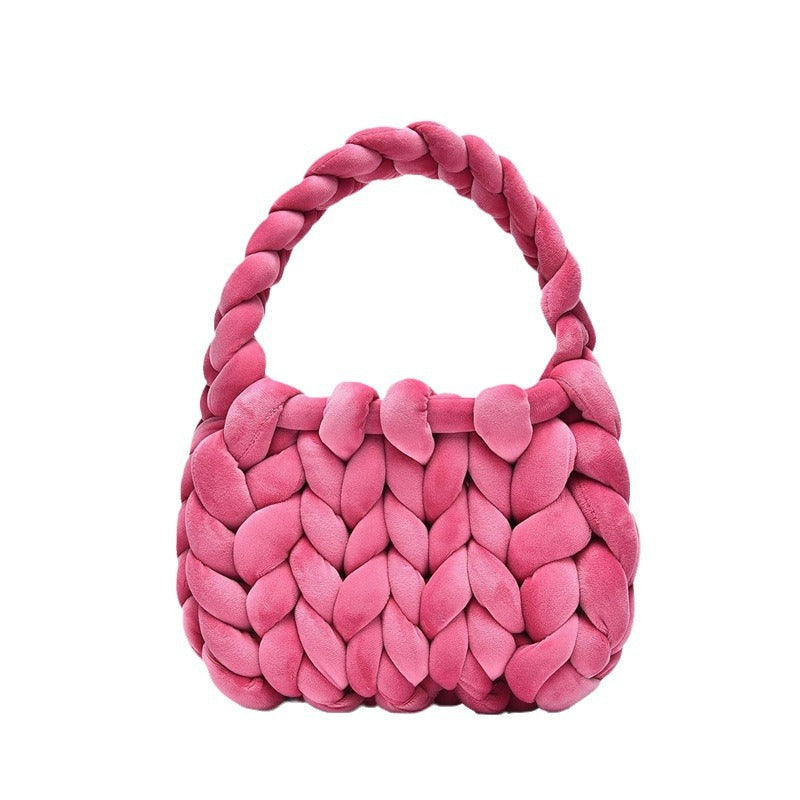 Chunky Hand-Knitted Velvet Yarn Shoulder Bag - Pink