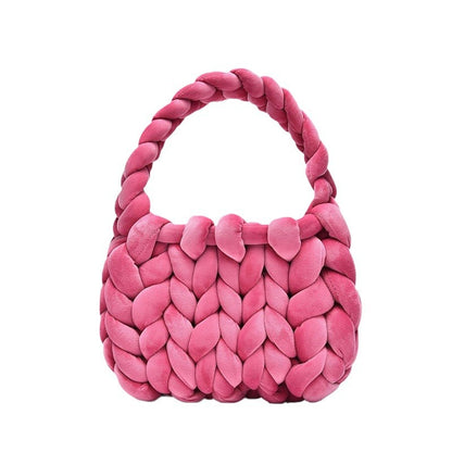 Chunky Hand-Knitted Velvet Yarn Shoulder Bag - Pink