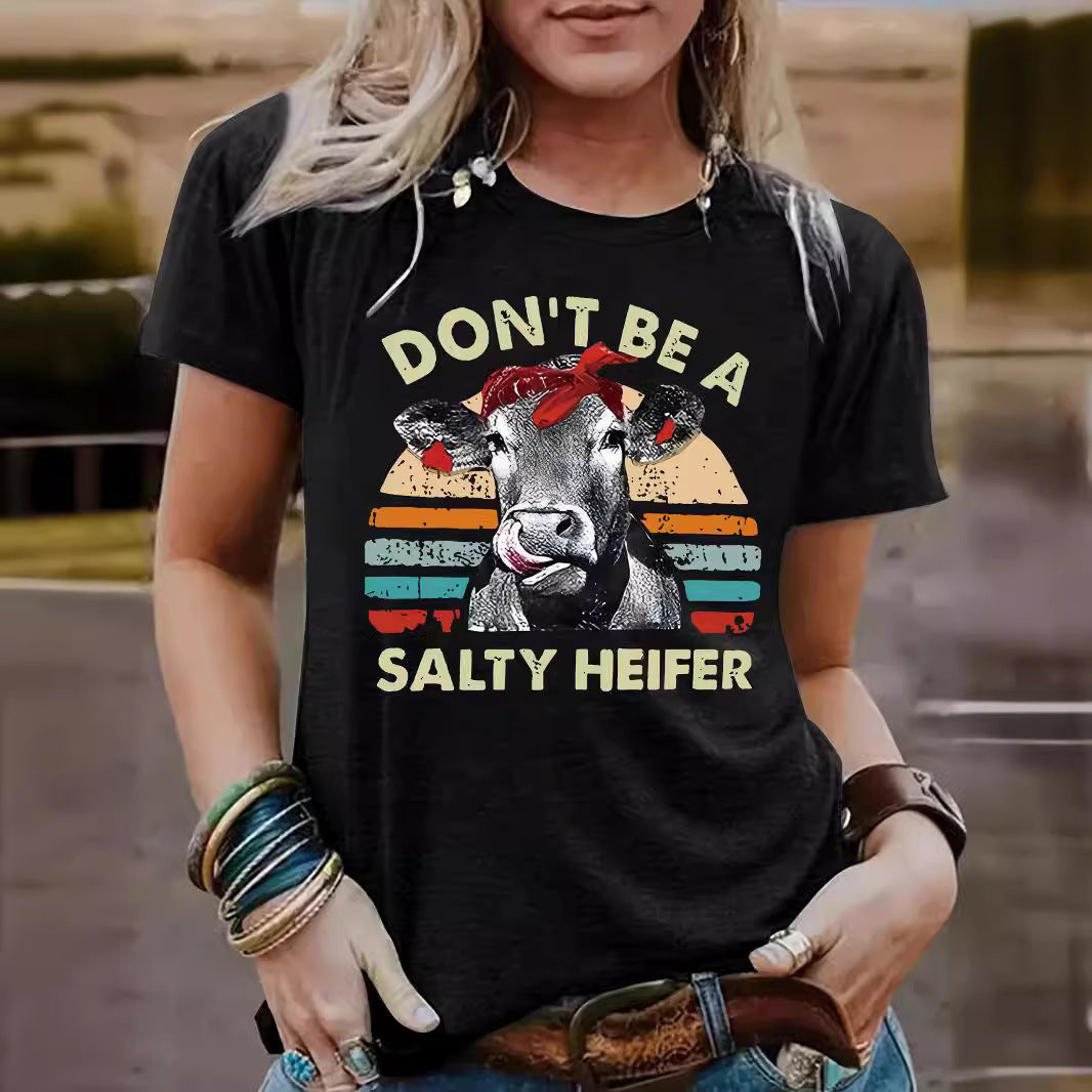 Funny Cow Pattern Printed Round Neck Short Sleeved Shirt | 'Don't Be A Salty Heifer' Graphic Tee