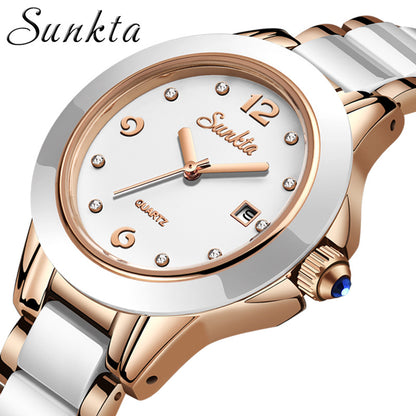Sunkta Elegant Ladies Fashion Wristwatch with Ceramic Stainless Steel Band