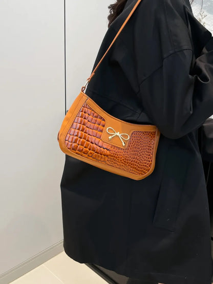 Elegant Crocodile Pattern PU Leather Shoulder Bag with Bow Detail