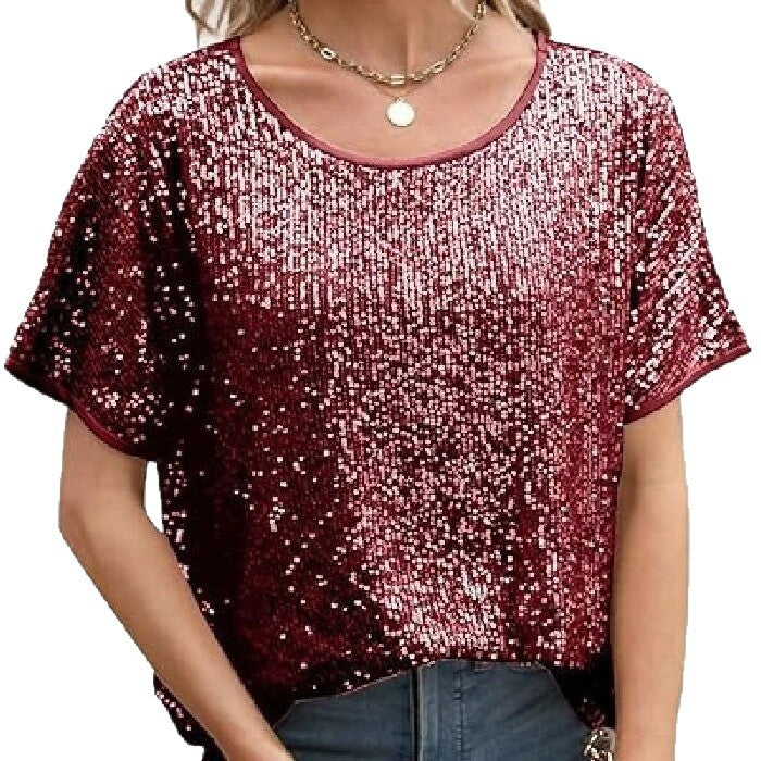 Sparkly Champagne Sequin Party Top - Glamorous Loose Fit Short Sleeve Evening Tee