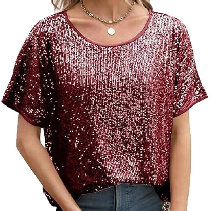 Sparkly Champagne Sequin Party Top - Glamorous Loose Fit Short Sleeve Evening Tee