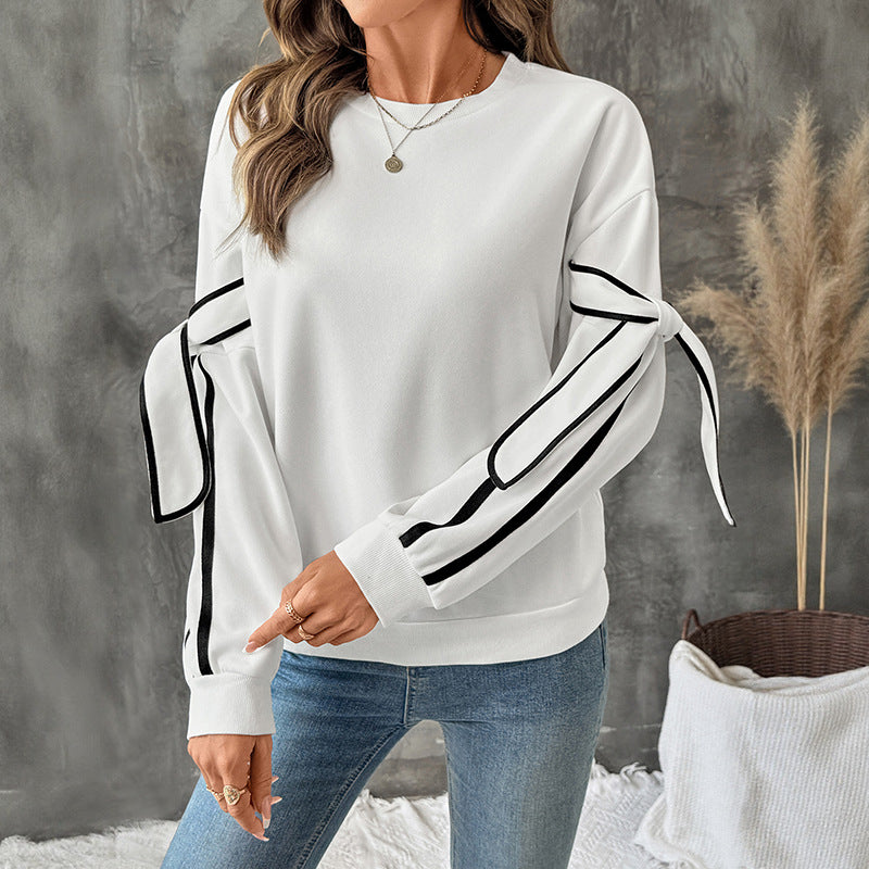 Bow Tie Sleeve Contrasting White Sweatshirt | Round Neck Long Sleeve Pullover for Women