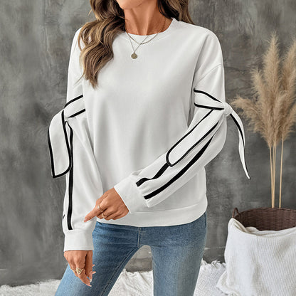 Bow Tie Sleeve Contrasting White Sweatshirt | Round Neck Long Sleeve Pullover for Women