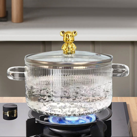 Heat-Resistant Borosilicate Glass Soup Pot with Bear Handle Lid - Flame-Safe Instant Noodle Bowl & Salad Pot with Handles