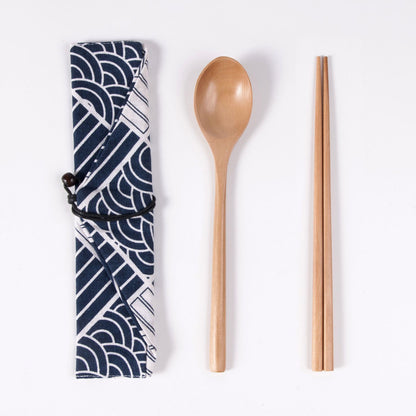 Japanese Style 3-Piece Portable Wooden Cutlery Set with Pouch