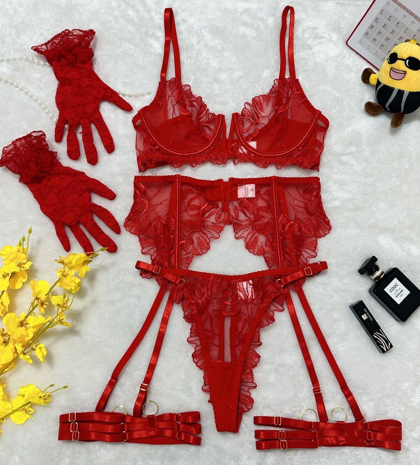 Red Lace Hollow Sheer Sexy 5-Piece Lingerie Set with Garter