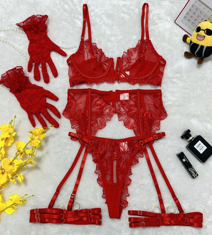 Red Lace Hollow Sheer Sexy 5-Piece Lingerie Set with Garter