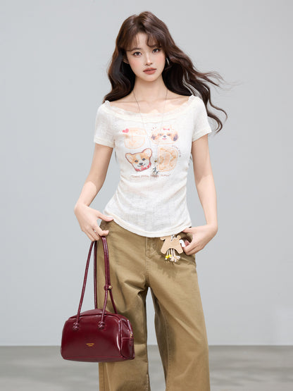 Women's Cute Graphic Print Off-Shoulder Short Sleeve T-Shirt