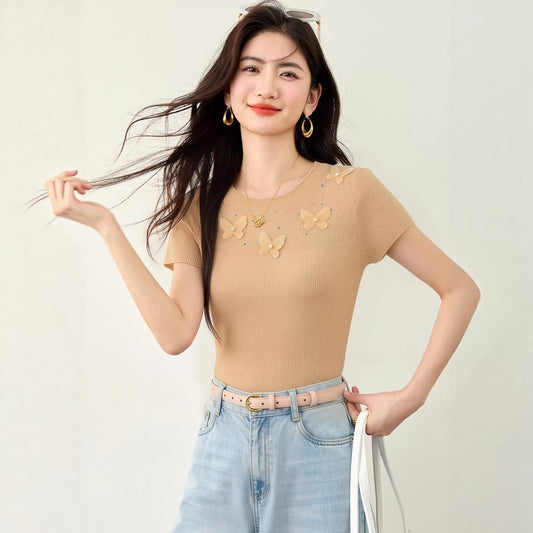 Women's Unique Butterfly Bow Detail Knit Top - Chic Short Sleeve Fitted Tee