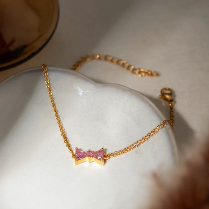 Elegant Stainless Steel Pink Zircon Bow Bracelet for Women