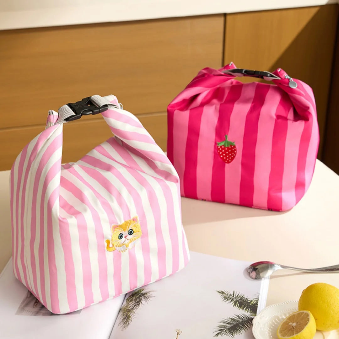 Cute Pink Striped Insulated Lunch Bag - Folding Roll-Top Large Capacity Bento Cooler Bag