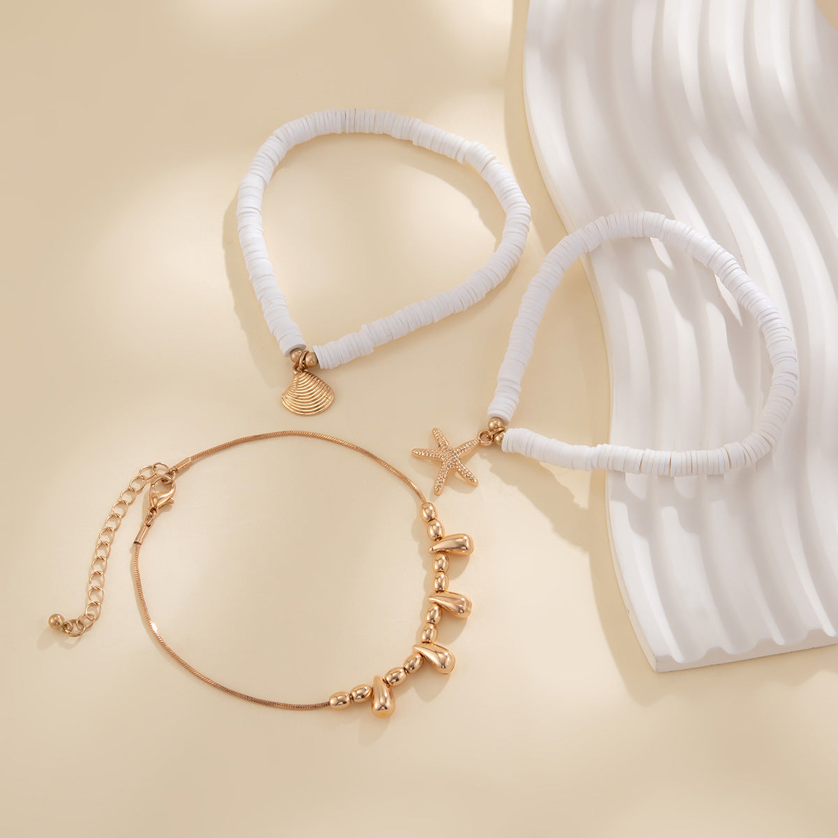 Boho Starfish Charm & White Beaded Anklet Set