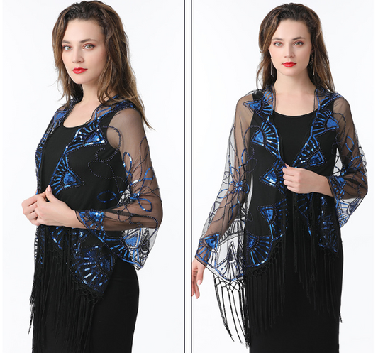 Women's Sequin Mesh Cape Shawl | Elegant Tassel Bolero Wedding & Evening Dress Wrap